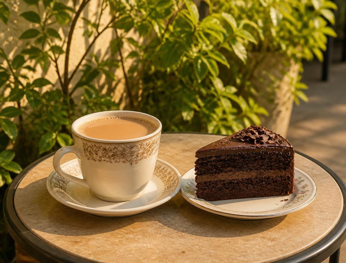 Karak chai and a slice of chocolate fudge cake on a courtyard table