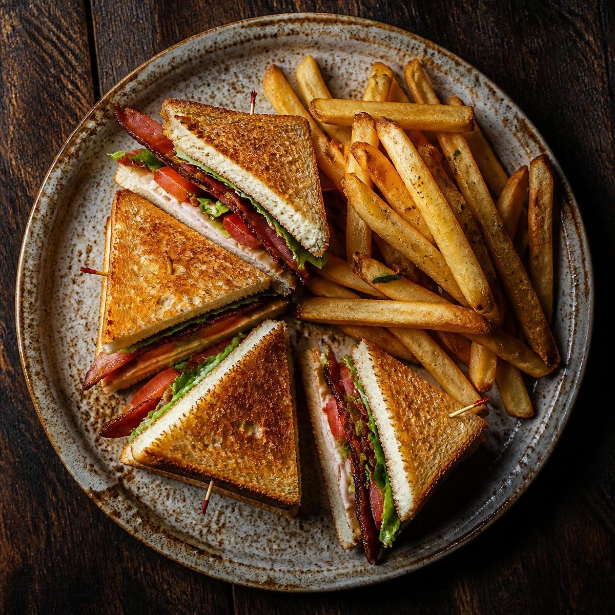Club sandwich cut into quarters with a side of fries
