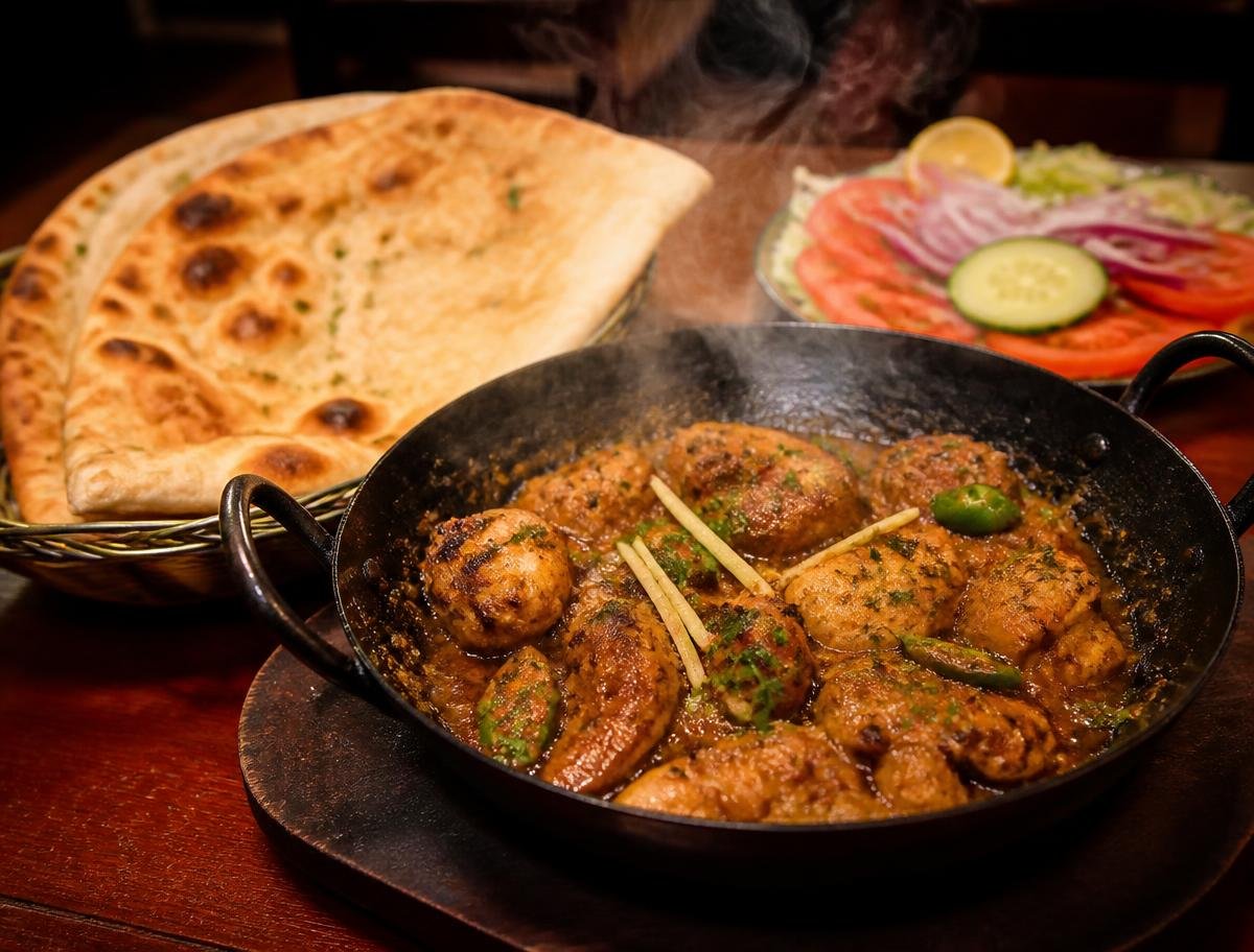 Chicken karahi served sizzling with fresh naan and salad