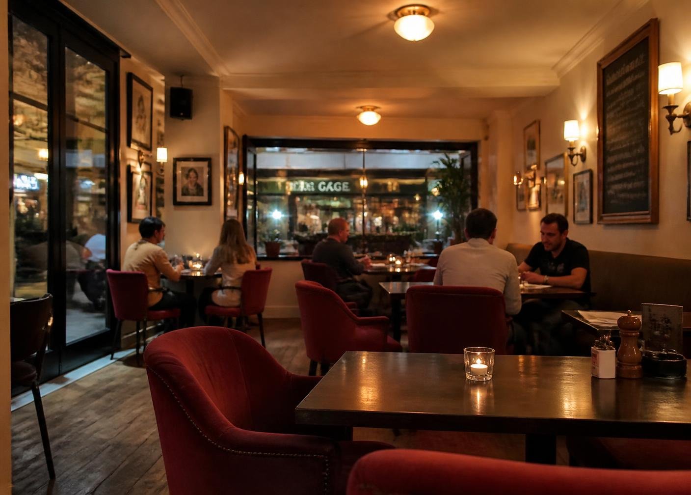Inside the Cafe Scarlet dining room, warm lamps and deep red chairs